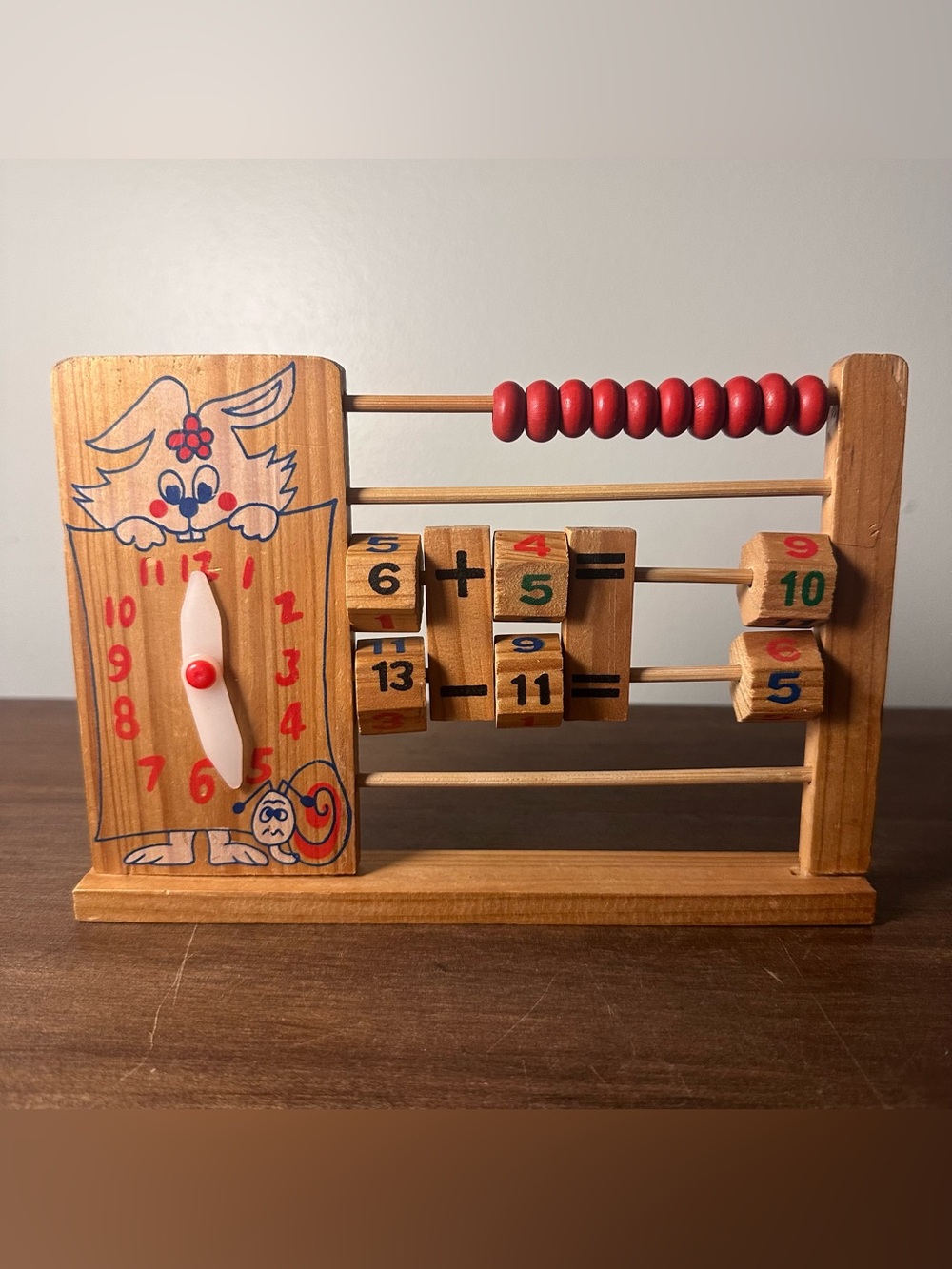 Wooden Educational Toy Abacus Clock Math Learning Beads Vintage